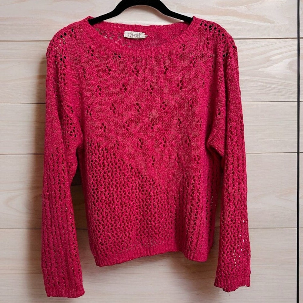 Vintage 90s Next Pink Open Knit Sweater - Made in‎ Italy - Crochet Knit Jumper